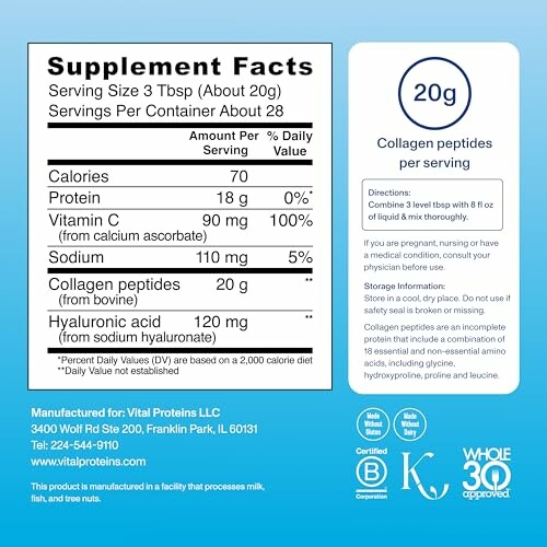 Collagen peptides supplement facts label with nutritional information and storage instructions.