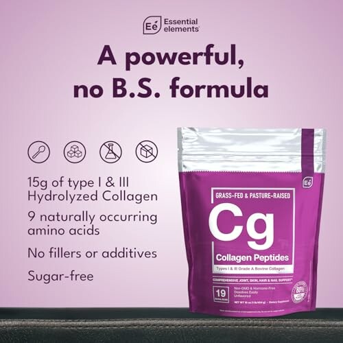 Collagen peptides supplement packaging with benefits listed.