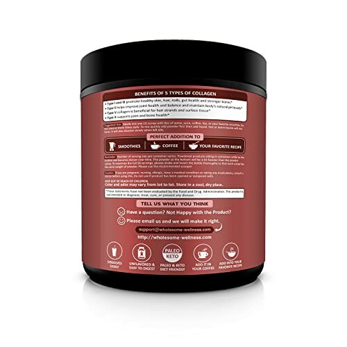 Back of collagen supplement container showing benefits and usage.