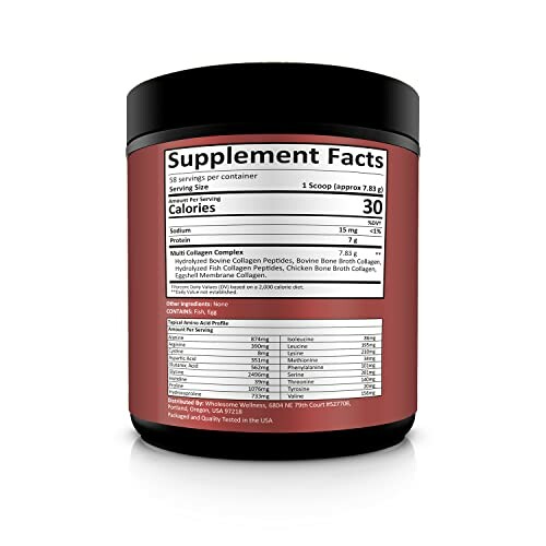 Collagen supplement container with nutrition facts label.
