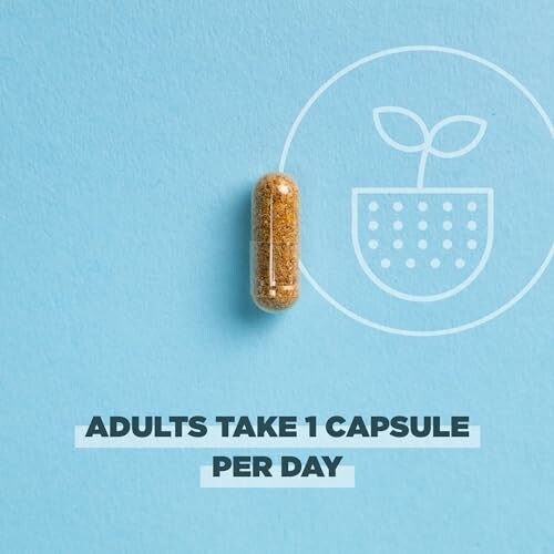 One capsule on blue background with plant icon, text: Adults take 1 capsule per day.