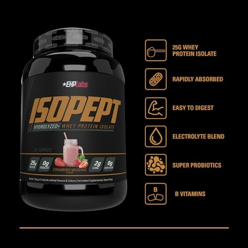 EHP Labs Isopept whey protein isolate with benefits listed.