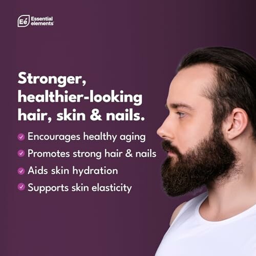 Profile of a man with text about benefits for hair, skin, and nails.