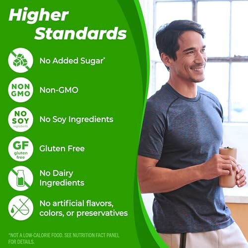 Man holding a drink with healthy standards list: No Added Sugar, Non-GMO, No Soy Ingredients, Gluten Free, No Dairy Ingredients, No artificial flavors, colors, or preservatives.