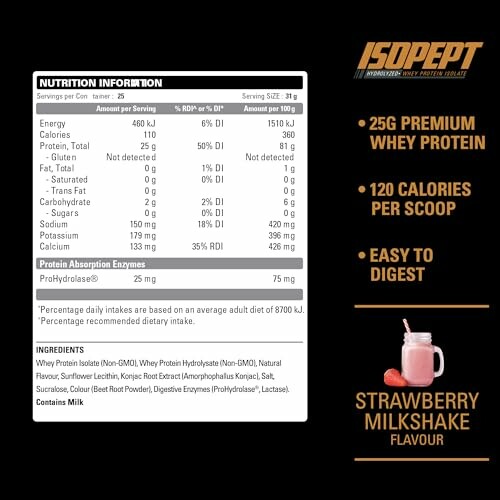 IsoDept strawberry milkshake protein powder nutrition label and benefits.