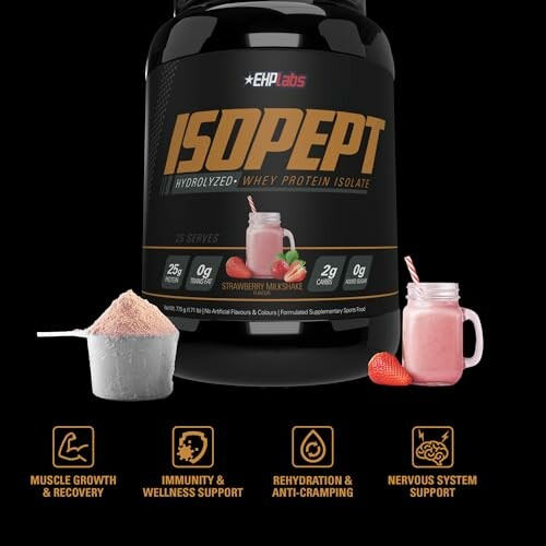 IsoPept whey protein isolate with strawberry milkshake flavor and benefits icons.