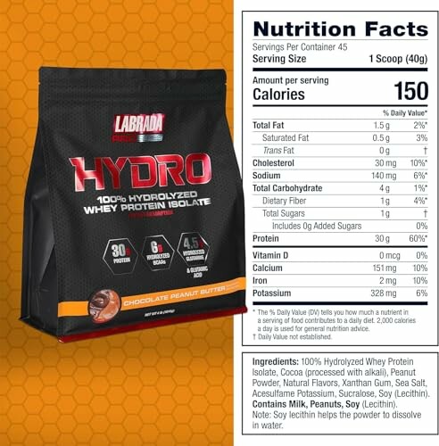 Labrada Hydro whey protein bag with nutrition facts.