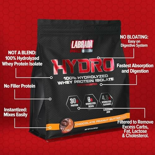 Labrada Hydro 100% Hydrolyzed Whey Protein Isolate, Chocolate Peanut Butter flavor, features and benefits highlighted.