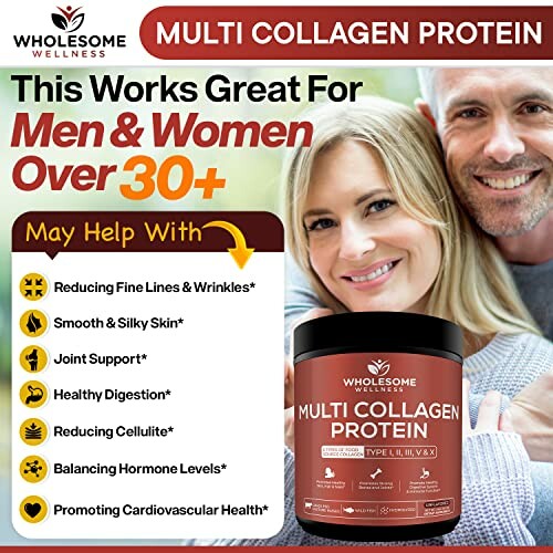 Multi collagen protein supplement for men and women over 30 with health benefits.