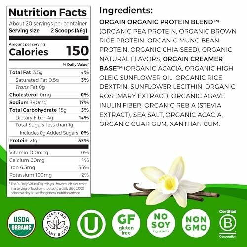 Nutrition facts and ingredients for organic protein powder.