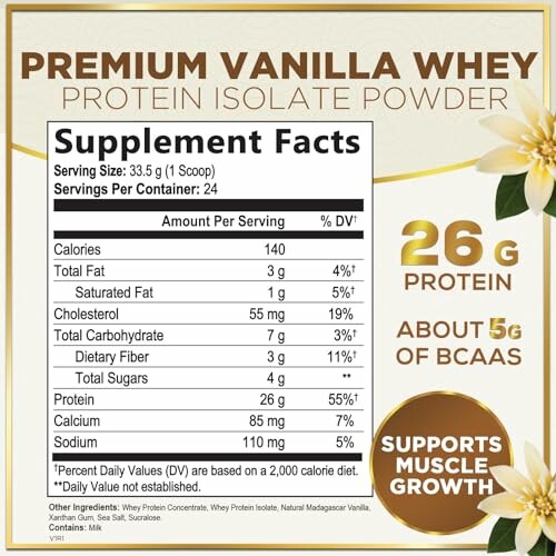 Supplement facts for premium vanilla whey protein isolate powder.