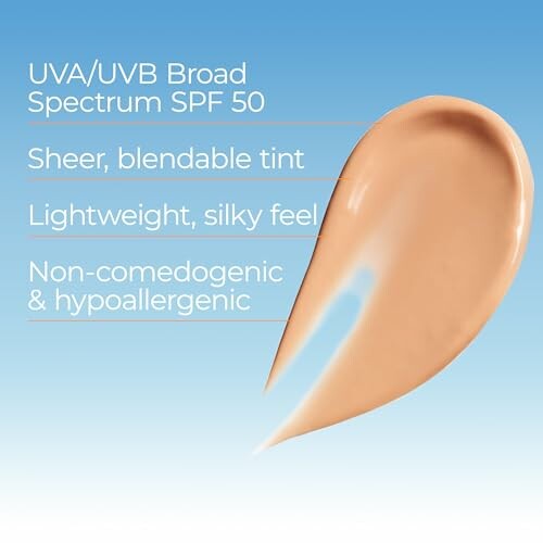 Sunscreen with broad spectrum SPF 50, sheer tint, lightweight and non-comedogenic.