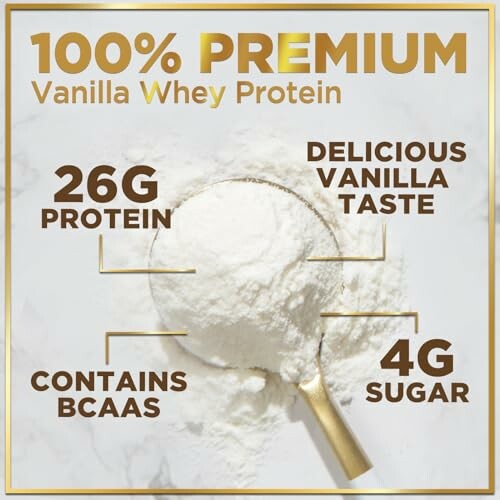 Vanilla whey protein with 26g protein, BCAAs, delicious vanilla taste, 4g sugar.