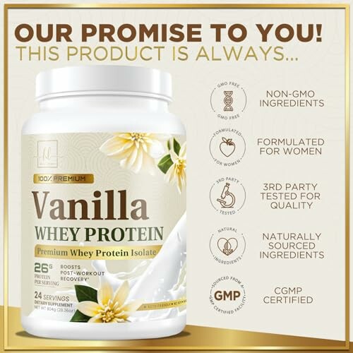 Vanilla whey protein supplement with non-GMO ingredients and certifications.