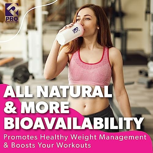 Woman drinking protein shake at gym with text about natural weight management.
