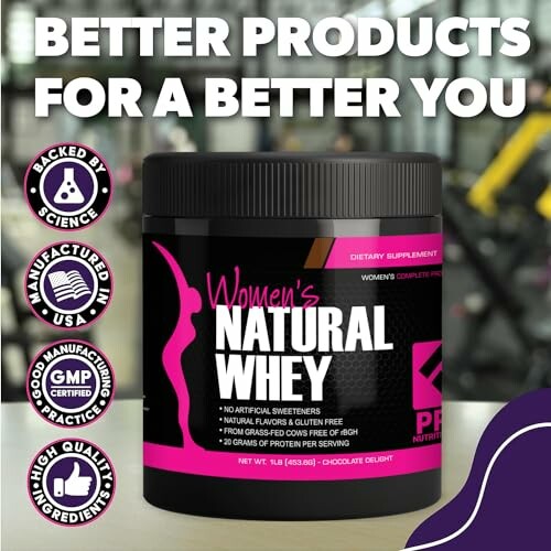 Women's Natural Whey protein supplement container with health certification logos.